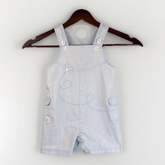 Vintage Sarah Louis Baby Boys Overalls 6 Mos Striped Embroidered Airplane Pocket - Picture 1 of 12